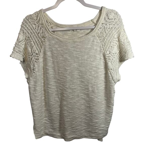 Short Sleeve Crochet Knit Top SZ S Cream Lightweight Pullover Boho Summer Casual - Picture 1 of 6
